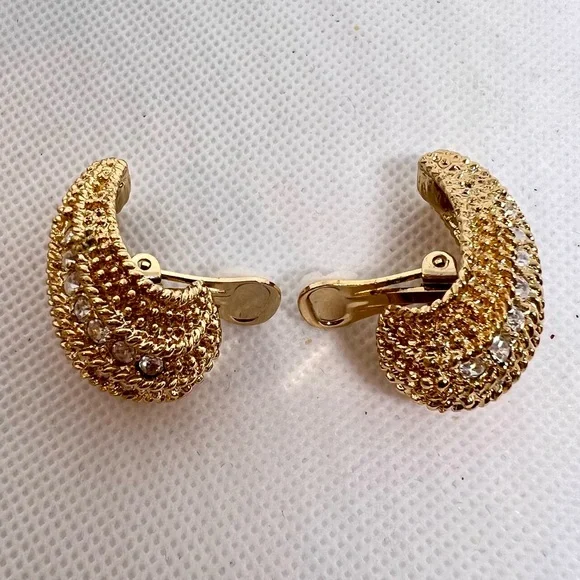 Vintage Louis Dell ‘Olio Gold Plated Pave’ Rhinestone Clip On Earrings EUC - Picture 10 of 11